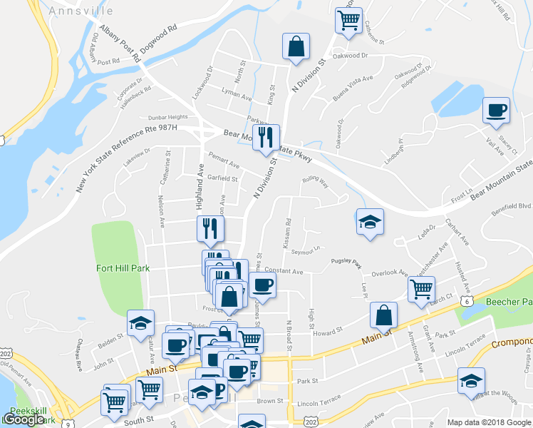 map of restaurants, bars, coffee shops, grocery stores, and more near 70 North James Street in Peekskill