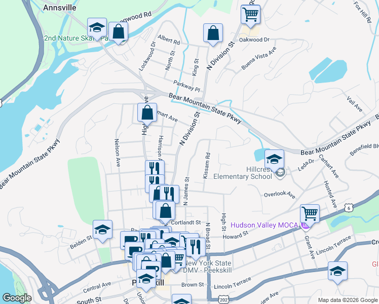 map of restaurants, bars, coffee shops, grocery stores, and more near 70 North James Street in Peekskill