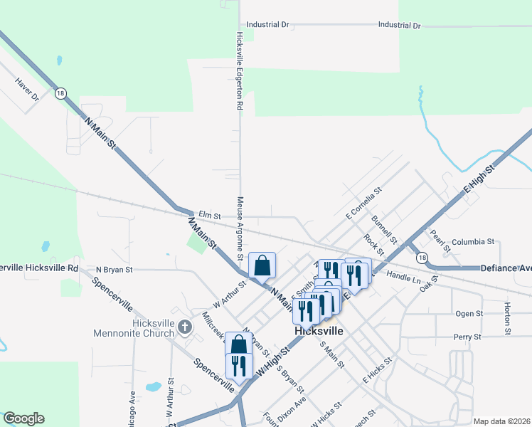 map of restaurants, bars, coffee shops, grocery stores, and more near 419 Elm Street in Hicksville