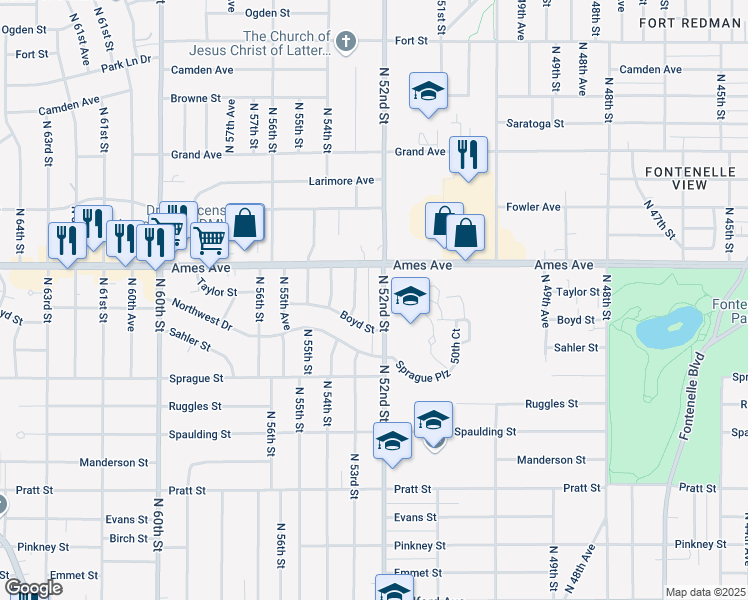 map of restaurants, bars, coffee shops, grocery stores, and more near 4310 North 52nd Street in Omaha