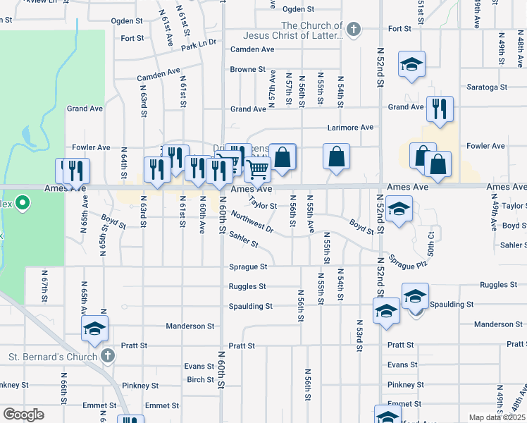 map of restaurants, bars, coffee shops, grocery stores, and more near 4311 North 58th Street in Omaha