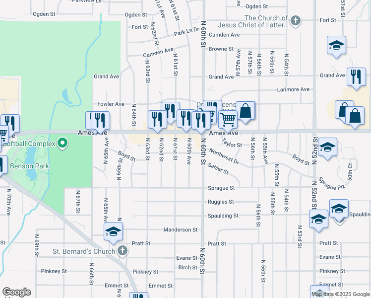 map of restaurants, bars, coffee shops, grocery stores, and more near 4164 North 60th Avenue in Omaha