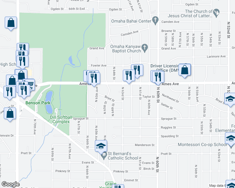 map of restaurants, bars, coffee shops, grocery stores, and more near 6406 Boyd Street in Omaha