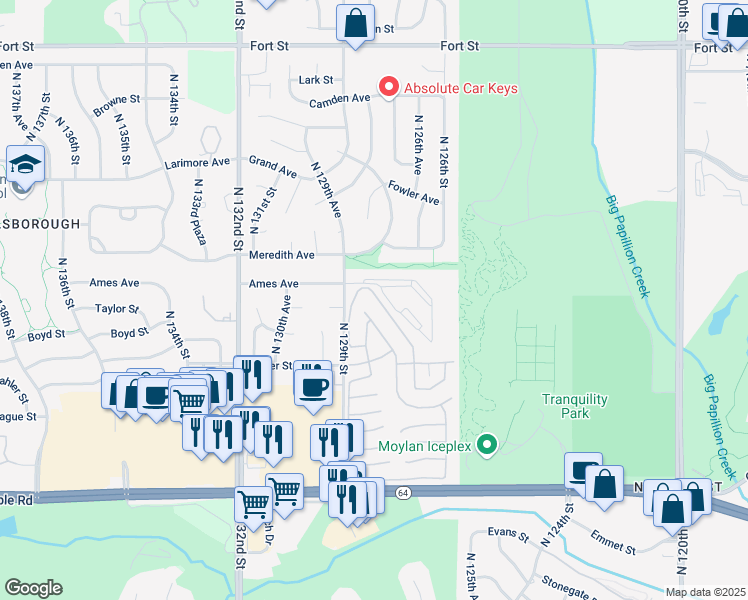 map of restaurants, bars, coffee shops, grocery stores, and more near 4409 North 127th Court in Omaha