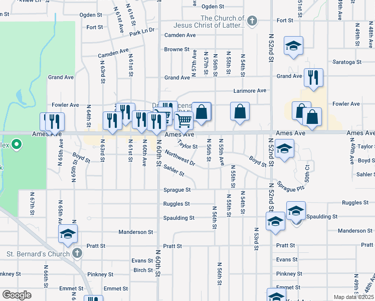 map of restaurants, bars, coffee shops, grocery stores, and more near 4311 North 58th Street in Omaha