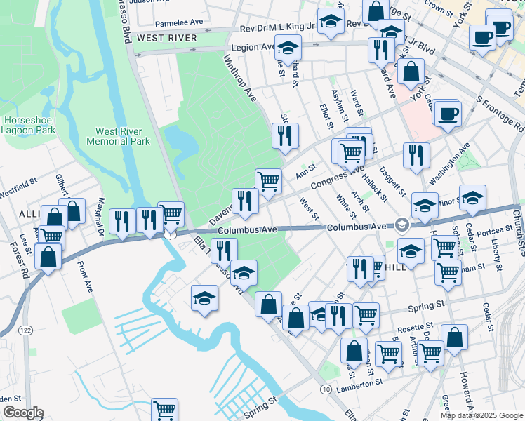 map of restaurants, bars, coffee shops, grocery stores, and more near 563 Columbus Avenue in New Haven