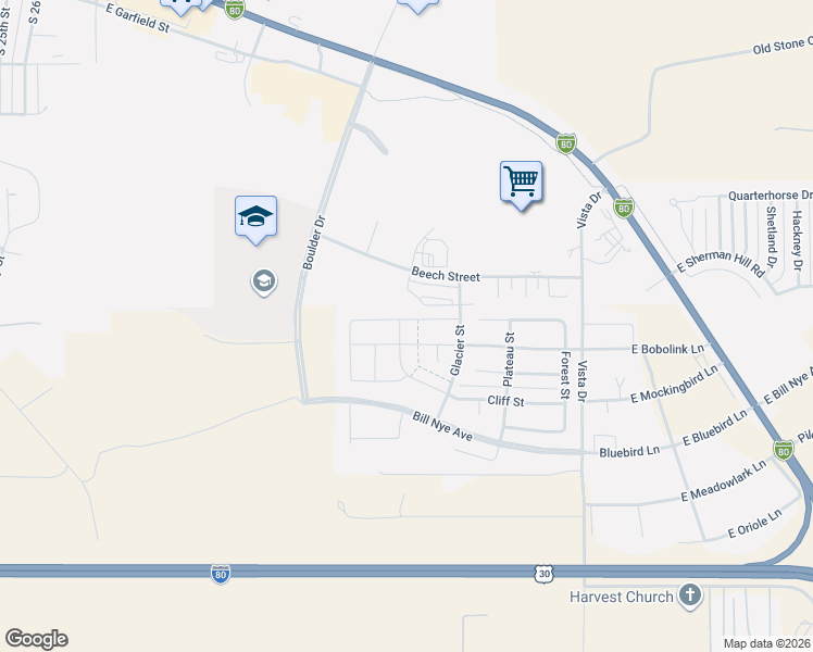 map of restaurants, bars, coffee shops, grocery stores, and more near East Bobolink Lane in Laramie