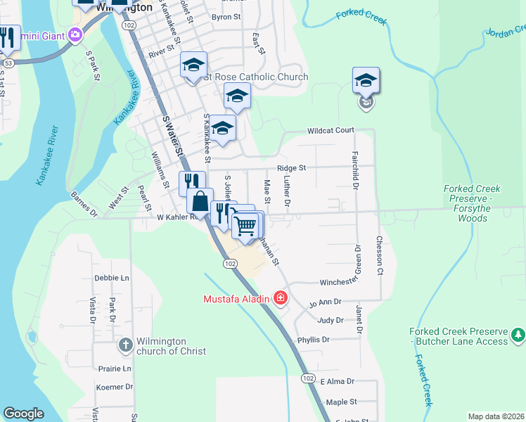 map of restaurants, bars, coffee shops, grocery stores, and more near 912 Mae Street in Wilmington