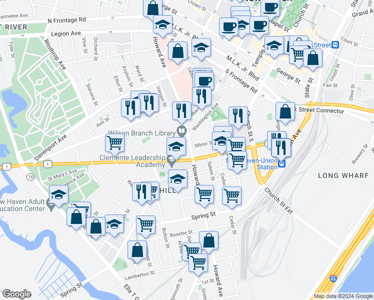 map of restaurants, bars, coffee shops, grocery stores, and more near 640 Howard Avenue in New Haven