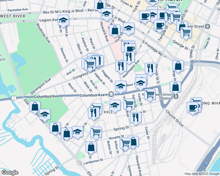 map of restaurants, bars, coffee shops, grocery stores, and more near 13 Hallock Street in New Haven