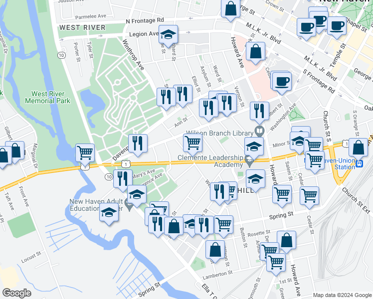 map of restaurants, bars, coffee shops, grocery stores, and more near 151 West Street in New Haven