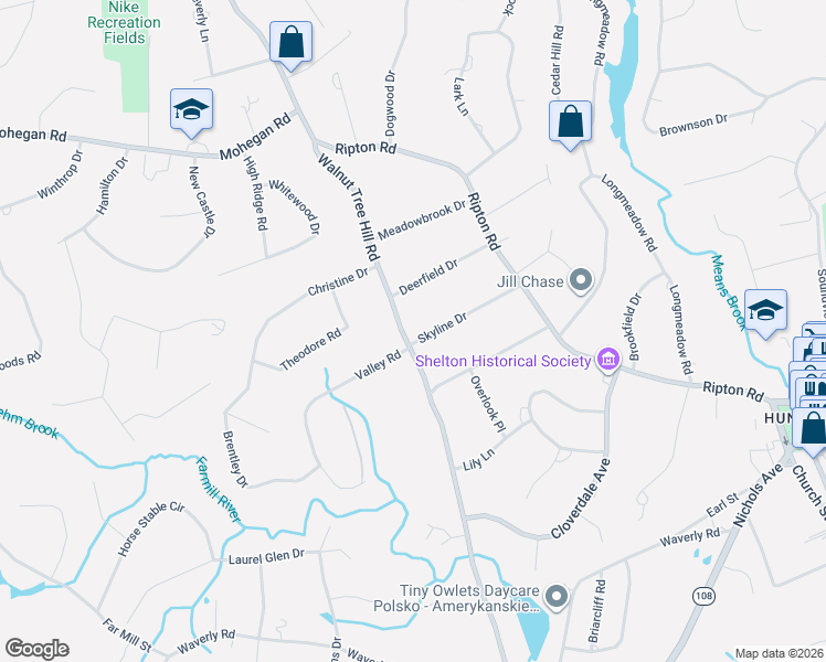 map of restaurants, bars, coffee shops, grocery stores, and more near 48 Skyline Drive in Shelton