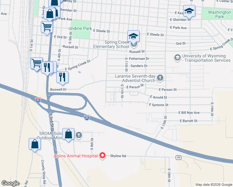 map of restaurants, bars, coffee shops, grocery stores, and more near 1824 South 11th Street in Laramie