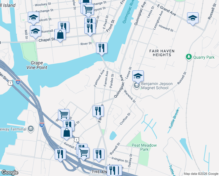 map of restaurants, bars, coffee shops, grocery stores, and more near 81 Lancraft Street in New Haven