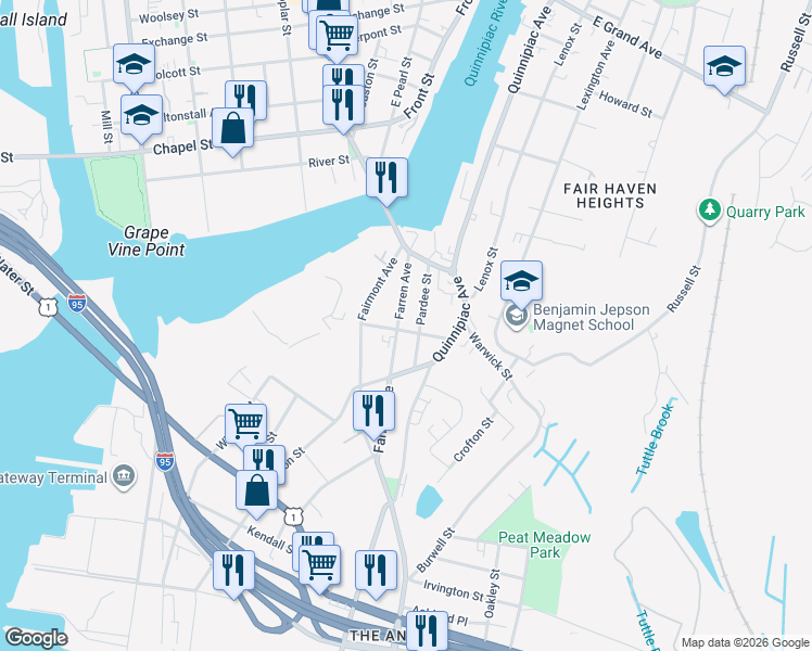 map of restaurants, bars, coffee shops, grocery stores, and more near 127 Farren Avenue in New Haven