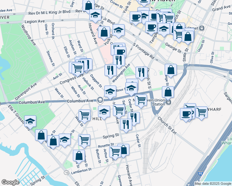 map of restaurants, bars, coffee shops, grocery stores, and more near 622 Howard Avenue in New Haven