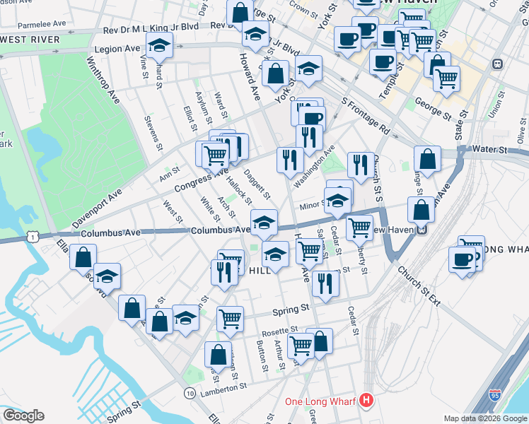 map of restaurants, bars, coffee shops, grocery stores, and more near 369 Washington Avenue in New Haven