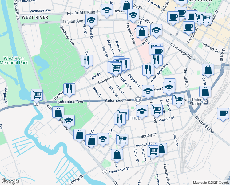 map of restaurants, bars, coffee shops, grocery stores, and more near 395 Columbus Avenue in New Haven