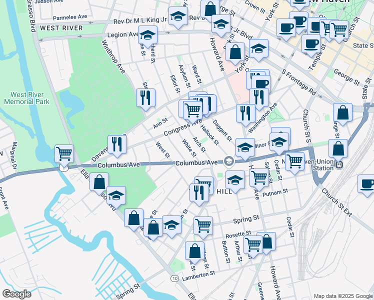 map of restaurants, bars, coffee shops, grocery stores, and more near 395 Columbus Avenue in New Haven