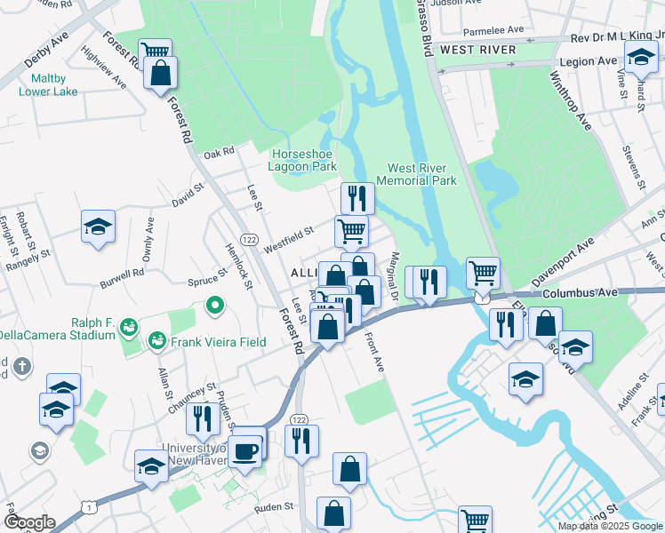 map of restaurants, bars, coffee shops, grocery stores, and more near 22 Bristol Street in West Haven
