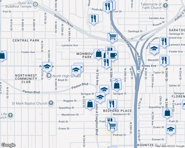 map of restaurants, bars, coffee shops, grocery stores, and more near 4320 North 31st Avenue in Omaha