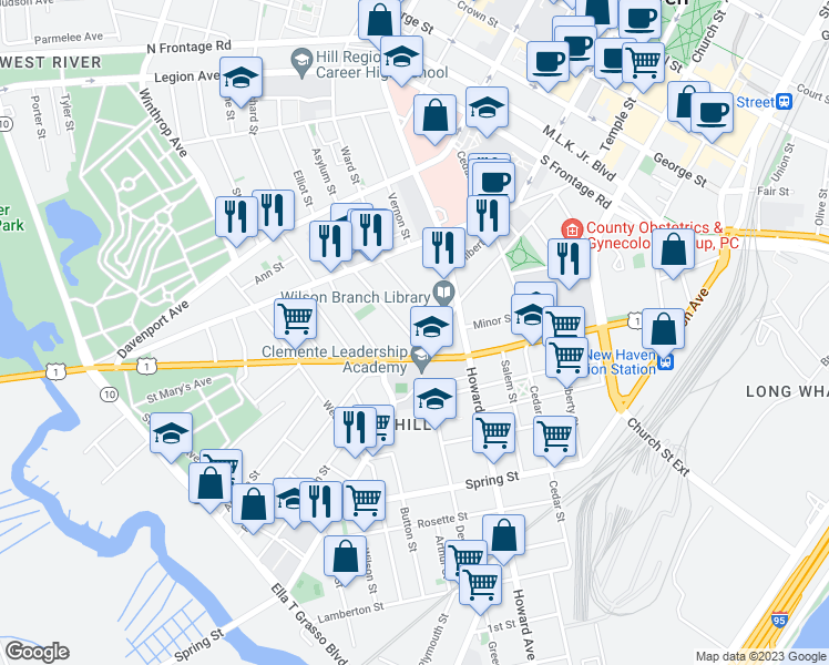 map of restaurants, bars, coffee shops, grocery stores, and more near 15 Hallock Street in New Haven