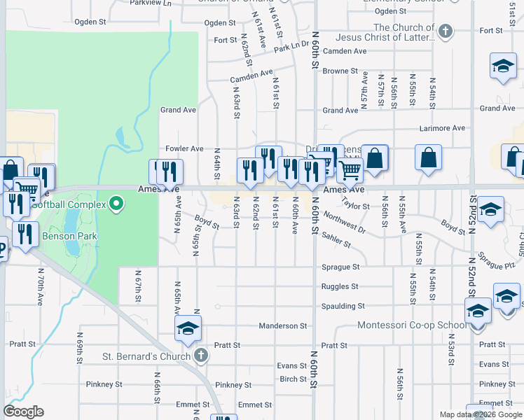 map of restaurants, bars, coffee shops, grocery stores, and more near 4407 North 62nd Street in Omaha