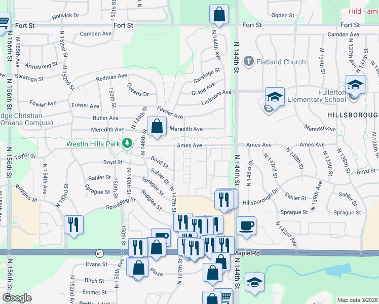 map of restaurants, bars, coffee shops, grocery stores, and more near 14651 Ames Court in Omaha