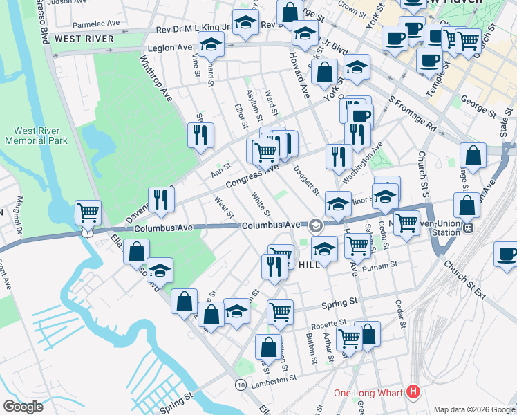 map of restaurants, bars, coffee shops, grocery stores, and more near 395 Columbus Avenue in New Haven