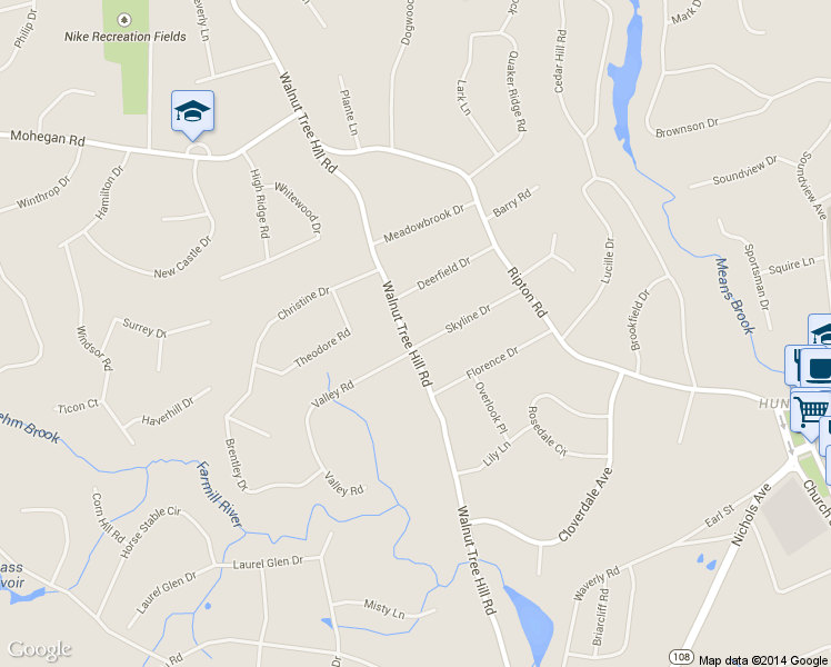 map of restaurants, bars, coffee shops, grocery stores, and more near 135 Walnut Tree Hill Road in Shelton