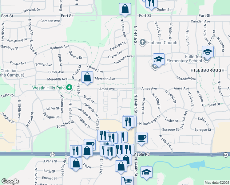 map of restaurants, bars, coffee shops, grocery stores, and more near 14609 Ames Plaza in Omaha