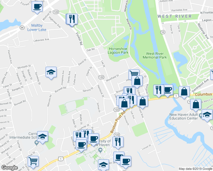 map of restaurants, bars, coffee shops, grocery stores, and more near 139 Forest Road in West Haven