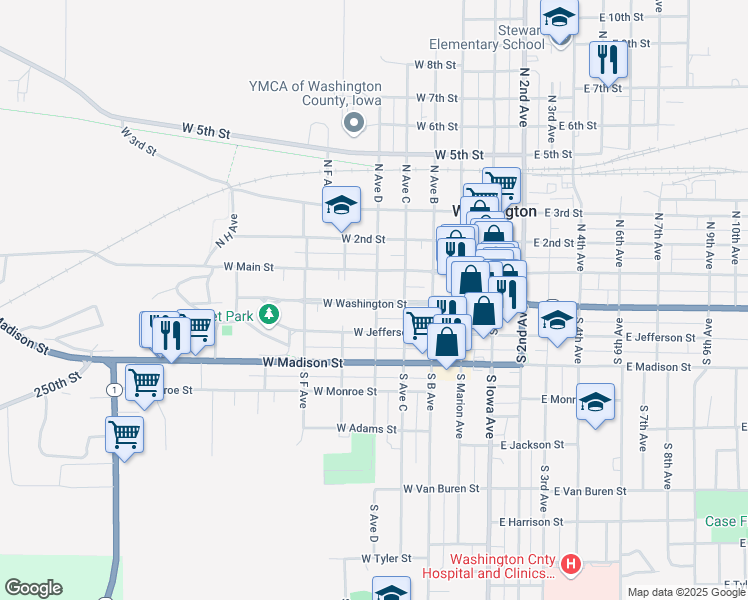 map of restaurants, bars, coffee shops, grocery stores, and more near 504 West Washington Street in Washington