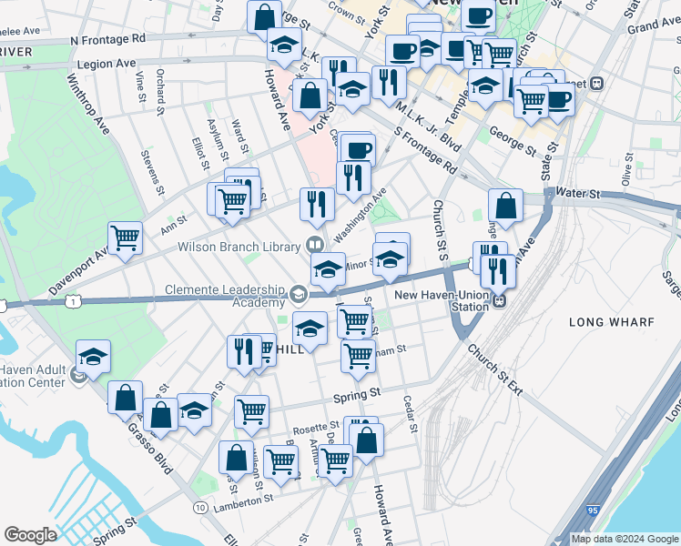 map of restaurants, bars, coffee shops, grocery stores, and more near 639 Howard Avenue in New Haven