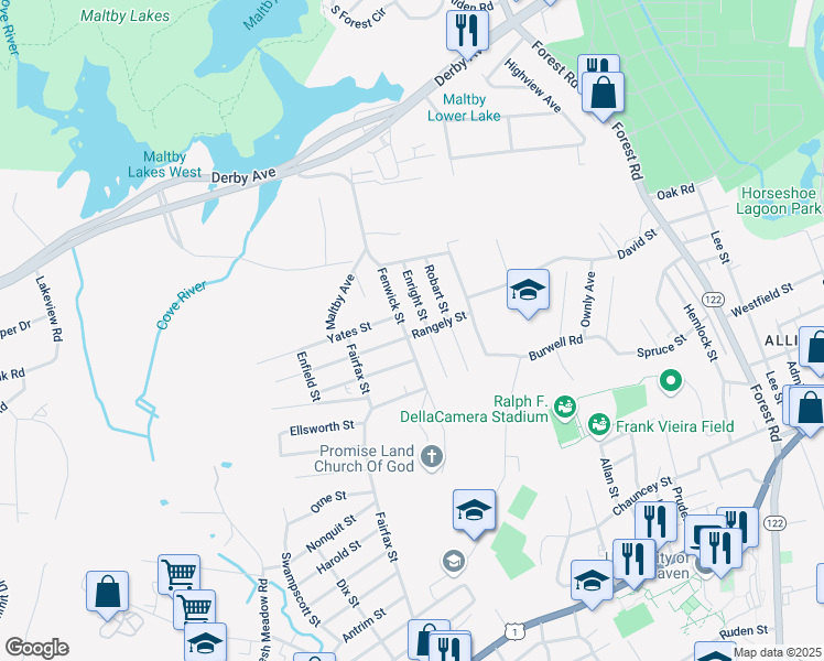 map of restaurants, bars, coffee shops, grocery stores, and more near 52 Fenwick Street in West Haven