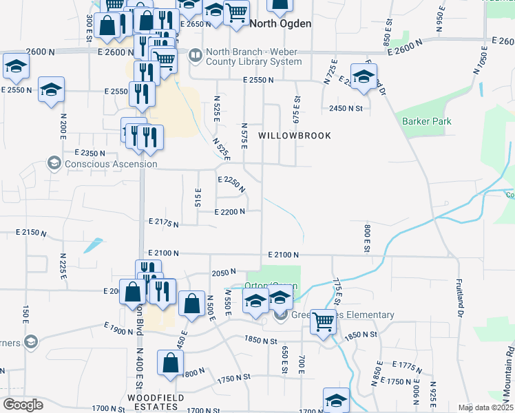 map of restaurants, bars, coffee shops, grocery stores, and more near 2205 North 600 West in Harrisville