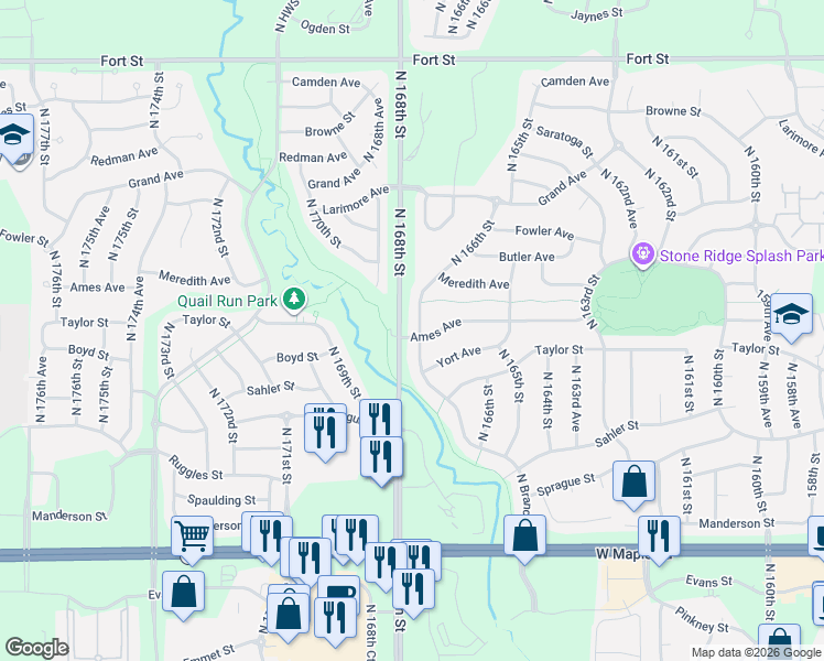 map of restaurants, bars, coffee shops, grocery stores, and more near 4466 North Branch Drive in Omaha