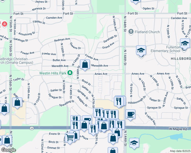 map of restaurants, bars, coffee shops, grocery stores, and more near 4315 North 147th Street in Omaha