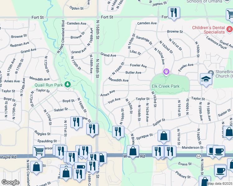 map of restaurants, bars, coffee shops, grocery stores, and more near 16513 Yort Avenue in Omaha