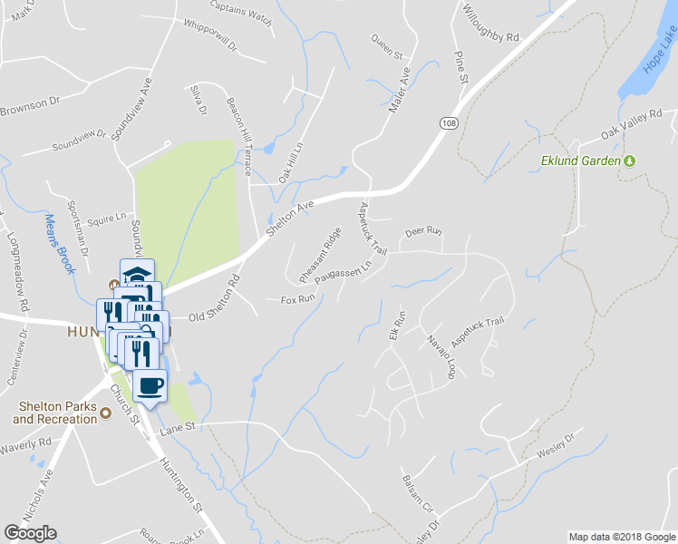 map of restaurants, bars, coffee shops, grocery stores, and more near 111 Paugassett Lane in Shelton