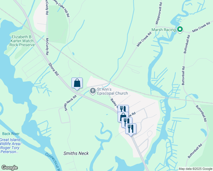 map of restaurants, bars, coffee shops, grocery stores, and more near 4 Bailey Road in Old Lyme