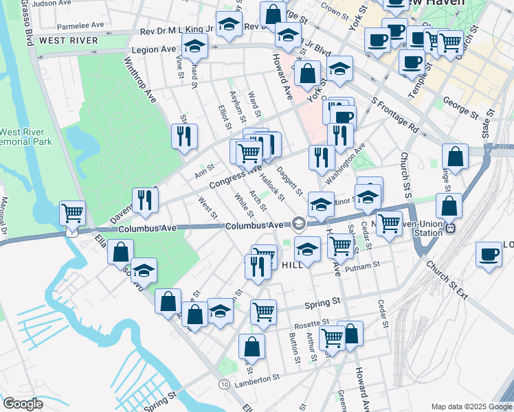 map of restaurants, bars, coffee shops, grocery stores, and more near 395 Columbus Avenue in New Haven