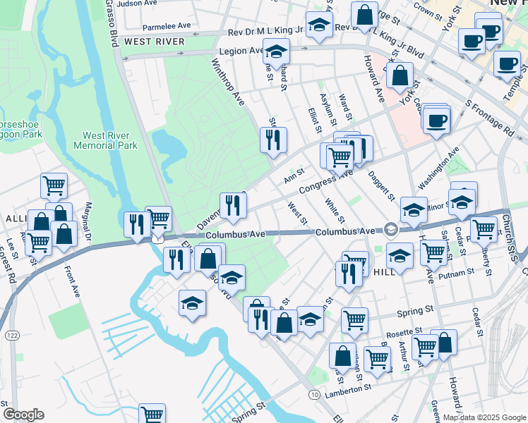 map of restaurants, bars, coffee shops, grocery stores, and more near 523 Columbus Avenue in New Haven