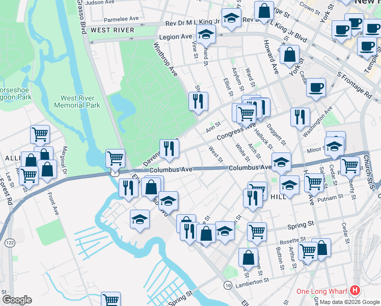 map of restaurants, bars, coffee shops, grocery stores, and more near 523 Columbus Avenue in New Haven