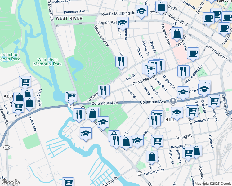 map of restaurants, bars, coffee shops, grocery stores, and more near 523 Columbus Avenue in New Haven