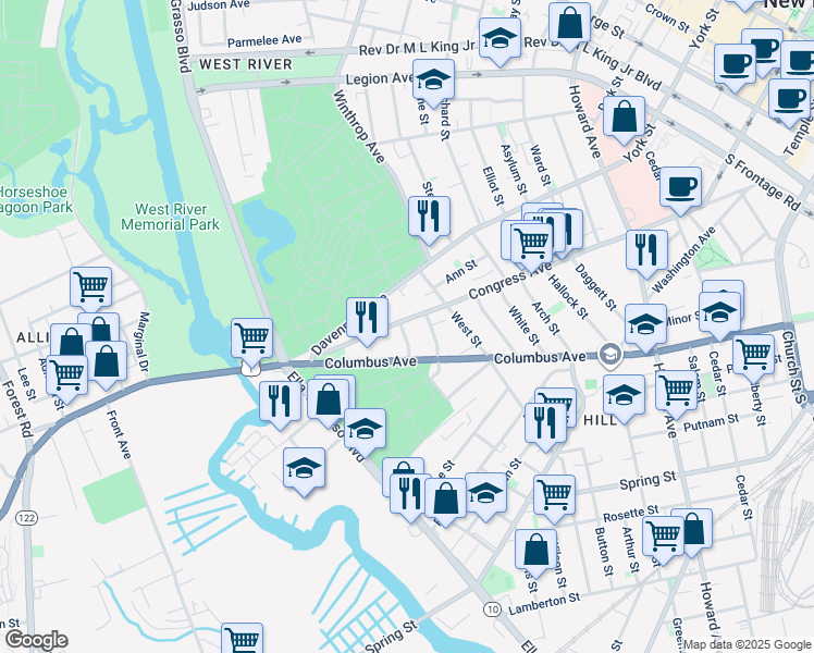 map of restaurants, bars, coffee shops, grocery stores, and more near 523 Columbus Avenue in New Haven