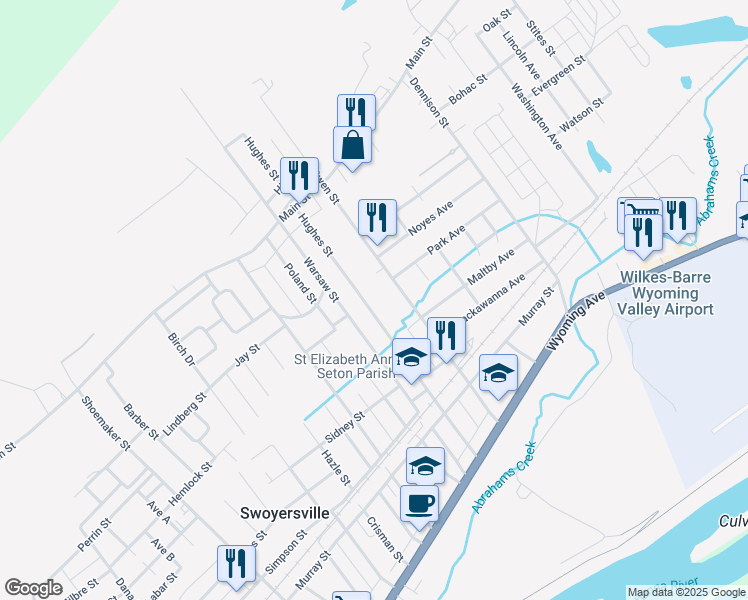 map of restaurants, bars, coffee shops, grocery stores, and more near 101-139 Warsaw St in Swoyersville