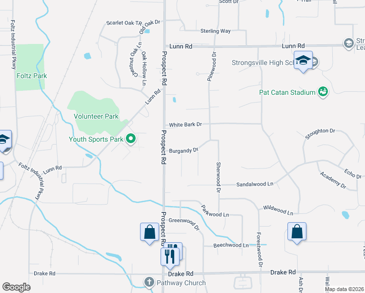 map of restaurants, bars, coffee shops, grocery stores, and more near 20845 Burgandy Drive in Strongsville