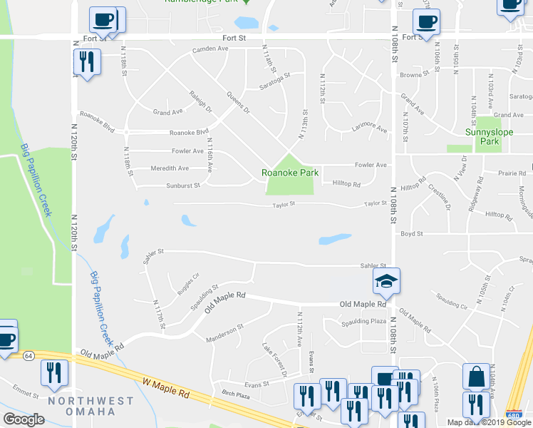 map of restaurants, bars, coffee shops, grocery stores, and more near 11305 Taylor Street in Omaha