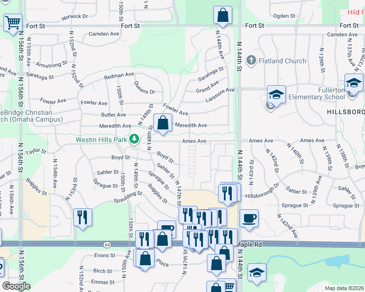 map of restaurants, bars, coffee shops, grocery stores, and more near 4315 North 147th Street in Omaha